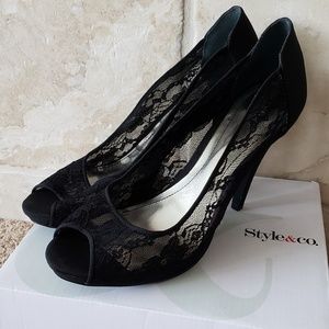 Black, lace, peep-toe heels, 9.5, like new